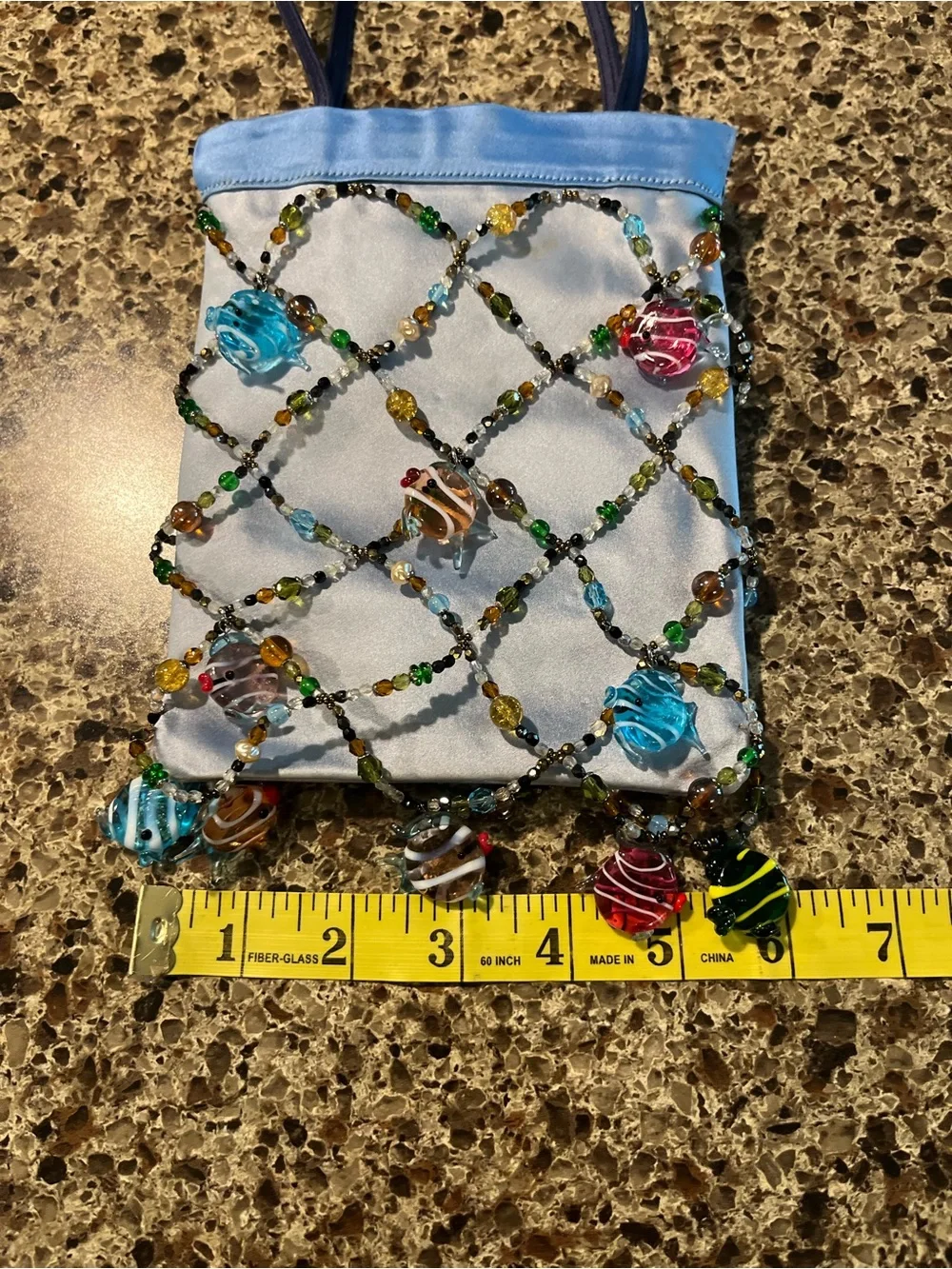 Renaud Pellegrino one of a kind Blue Satin Beaded Fish Charm Pouch